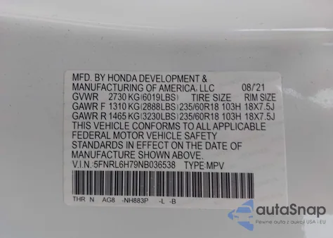2022 Honda Odyssey Ex-L from USA, damaged, VIN 5FNRL6H79NB036538